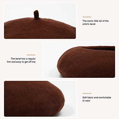 Women French Wool Beret Hats - Solid Color Classic Beanie Winter Cap - color: Brown