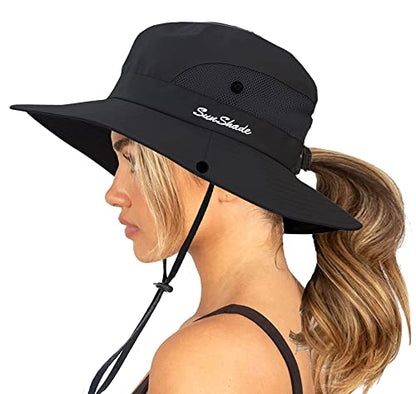 Womens Sun-Hat Outdoor Protection Foldable Beach-Bucket-Hat Ponytail-Hole - color: Black