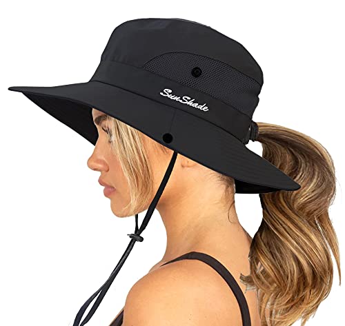 Womens Sun-Hat Outdoor Protection Foldable Beach-Bucket-Hat Ponytail-Hole - color: Black