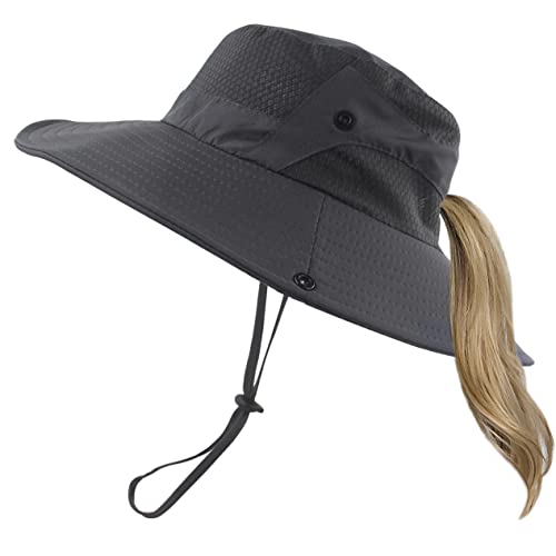 Muryobao Women Ponytail Sun Hat Summer UV Protection Cap Outdoor Foldable Mesh Wide Brim Bucket Hats for Beach Fishing Garden - color: Dark Grey