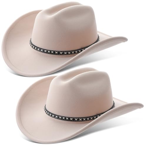 Chicingyou 2 Pcs Western Cowboy Hats for Women and Men Classic Wide Brim Felt Hats for Cowboys and Cowgirls Accessories - color: Creamy White