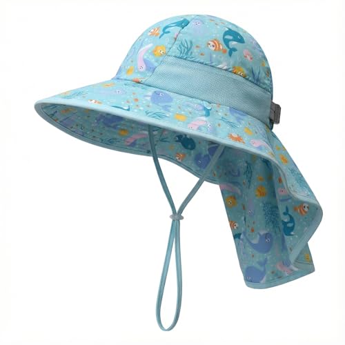 icolor Kids Sun Hat UPF50+ Sun Protection Bucket Hat Toddler Summer Beach Play Hats with Neck Flap for Girl Boy Ages 3~10 - color: Cartoon Sea World