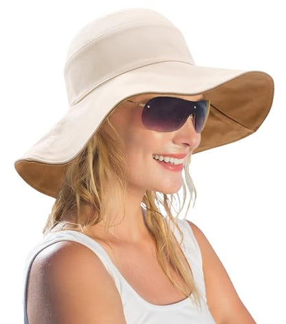 Womens Foldable Shapeable Brim Sun Hat UPF 50+ Cotton Wide Brim Beach Adjustable Chin Strap Hat Sun Protection Cap - color: Beige