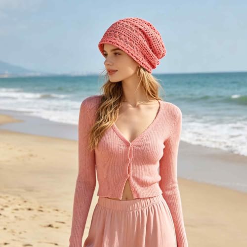 Women's Sparkly Lace Beanie Hat for Women, Lightweight Breathable Knit Skull Cap,Fashion Slouchy Beanie - color: Rose Red 007