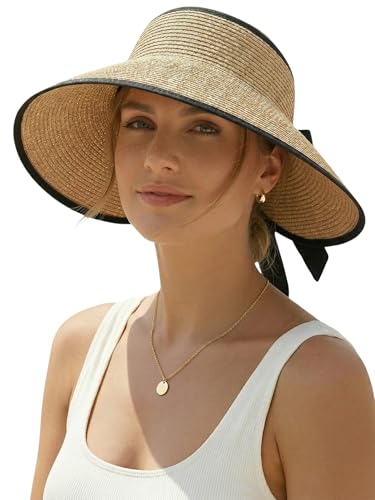 Sun Visor Hat for Women Wide Brim Ponytail Straw Hat UV UPF Summer Beach Vacation Packable Foldable Travel - color: Khaki With Black Piping