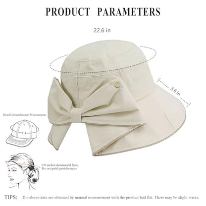 Women's Foldable Wide Brim Bowknot Bucket Hat Sun Protective - color: Off-white