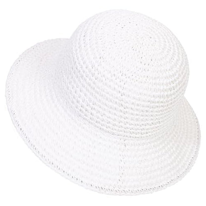 Womens Sun Hat Handmade Crochet Straw Bucket for Summer Foldable Travel Cap - color: White