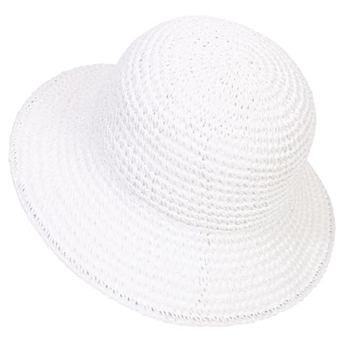 Womens Sun Hat Handmade Crochet Straw Bucket for Summer Foldable Travel Cap - color: White