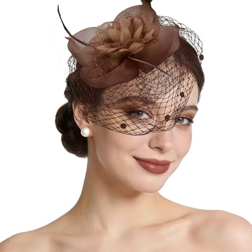 Semato Fascinators Hats for Women Mesh Feathers Elegant Reddish Brown Tea Party Kentucky Hat Derby Headband with Hair Clip - color: Reddish Brown