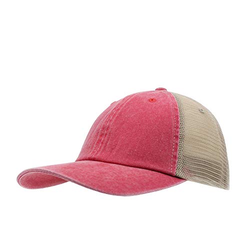 Vintage Washed Soft Mesh Cotton Adjustable Baseball Cap - color: Red/Tan