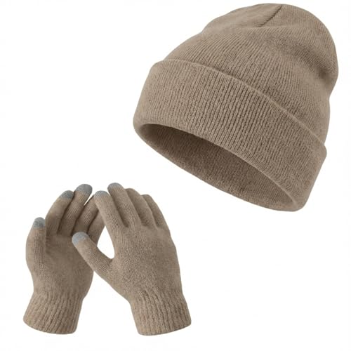 Geyoga Beanie and Touchscreen Gloves Set for Women Men Unisex Winter Knitted Hat Skull Cap Warm Gloves with Knit Fleece Lined - color: Dark Khaki