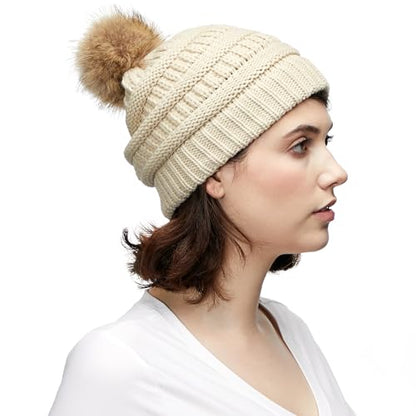 C.C Fur Pom Winter Fall Trendy Chunky Stretchy Cable Knit Beanie Hat - color: Solid Beige