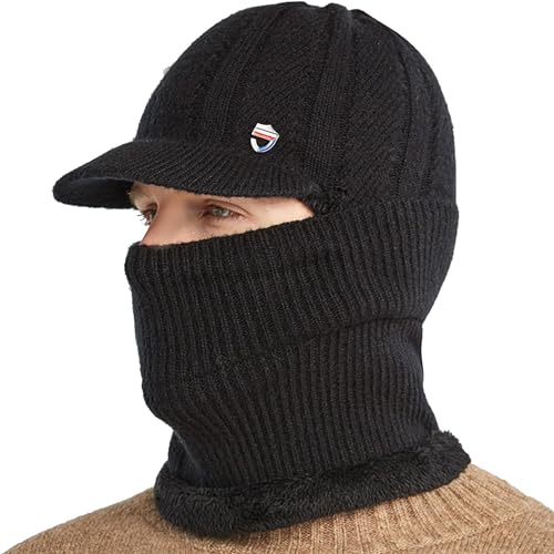 Women-Men Warm Ski-Masck-Hat Fleece-Lined Knit-Beanie-Hat with-Scarf Plush Balaclava Hat Winter Black