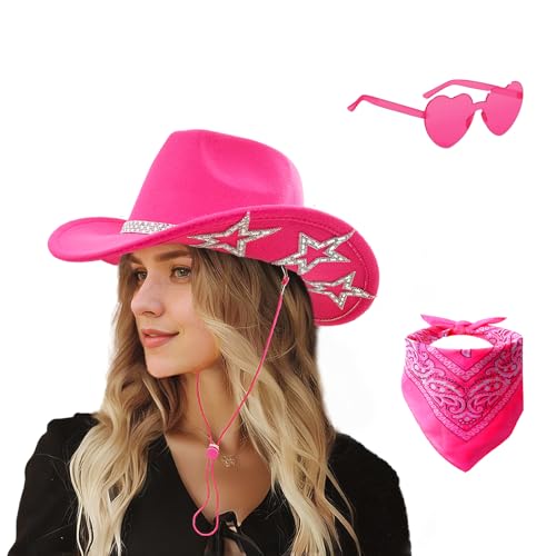 SHENYI Cowgirl Hat and Bandana and Heart Sunglasses Glitter Rhinestone Star Cowboy Hat Western Sparkly Hats for Women Men - color: Hot Pink