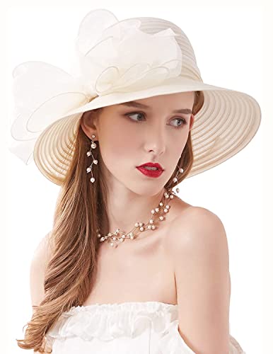 Women's Kentucky Derby Church Dress Hat Wide Brim Leaf Flower Bridal Shower Hat - color: 01 Cream