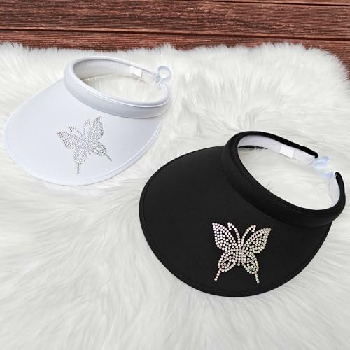 2 Pack Sun Visors Women Wide Brim Clip on Summer Hats Adjustable UV Protection - color: Butterfly-black,white