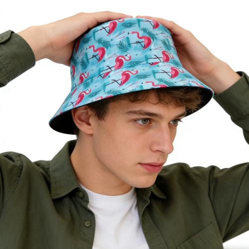 Summer Reversible Bucket Hat - Packable Cute Pineapple Sun Hat for Beach, Golf, Fishing, Travel, Outdoor for Women Men - color: Flamingo 01