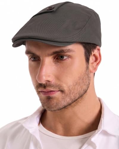 ZLYC Men Cotton Flat Cap Summer Scally Newsboy Beret Driver Hat - color: Button Decor Gray