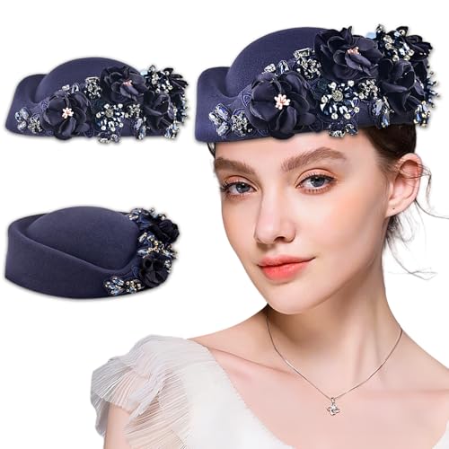 Women's Retro Stewardess Felt Hat, British Berets, Rhinestone Flower Decor, Ladies' Church Derby Hat - color: Navy Blue