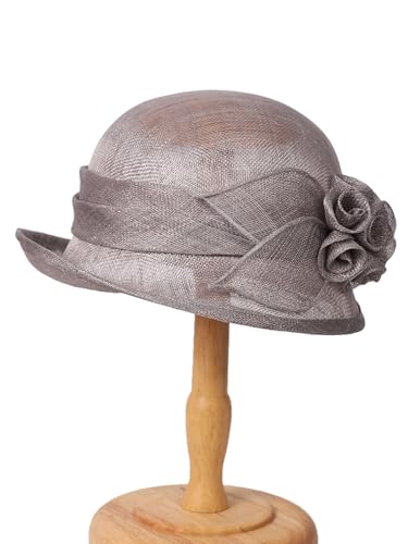 HIMESPORT Retro Sinamay Veil Flower Bride Wedding Fascinator Hat Feather Bowler Hat Hair Accessory Banquet Cocktail Party - color: Gray