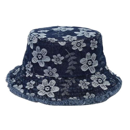 Quanhaigou Frayed Unisex Sun Hats, Fashion Beach Bucket Hat for Men Women,Summer Outdoor Boy's Girls Boonie Cap - color: Denim Floral D.blue