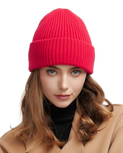 Wool Beanie for Men Women, Seamless Knit Cuffed Warm Winter Hats - color: 1pcs-red