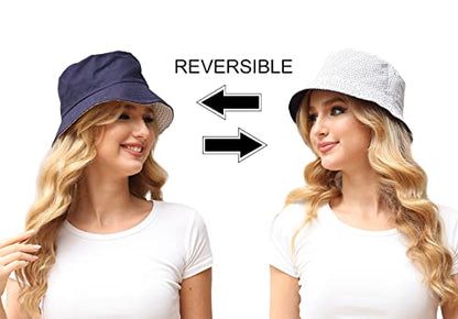 Women Reversible Bucket Hat, Summer Sun Hat for Women - color: Navy-dot
