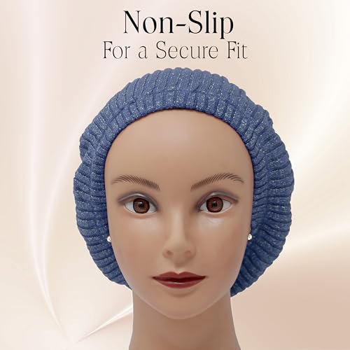 Hair Snood, Knit Slouchy Beret Beanie Lightweight, Jewish Head Coverings for Women, Cancer Headwear for Women Chemo Sleep Hat - color: Dark Denim Thin Ribbed
