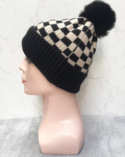 Unisex Classic Checkered Beanie Cuffed Winter Warm Knitted Plaid Hat with Pompom - color: Black Grey