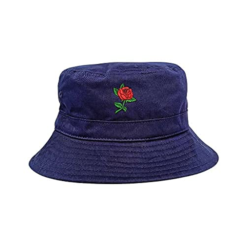 Red Rose Embroidered Bucket Hat, Unisex Hat, Summer Hat, Sun Hat, Outdoors Hat - color: Navy
