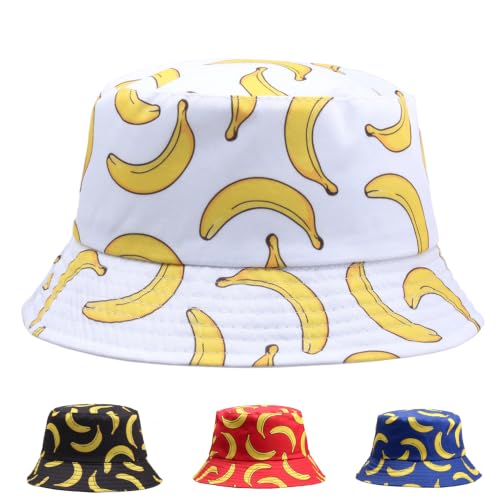 Funny Bucket Hat Foldable Festival Hats Wide Brim Hat Unisex Reversible Fisherman Hats Fruit Patterns - color: Banana-white