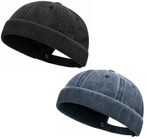 Initlove Docker Hat for Men Vintage Brimless Sailor Hat Beanie Cap - color: Black + Navy