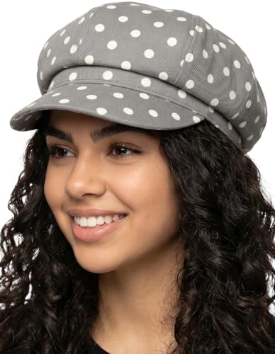 Funky Junque Women's Newsboy Cabbie Cap, Vintage Baker Boy Hat - color: Polka Dots - Grey