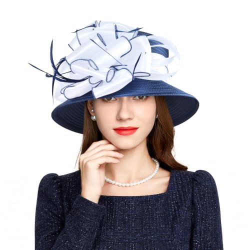 2026 Bucket Hats for Women Ladies Girls, Autumn Winter Fascinator Hat for Derby Kentucky Church Bridal UV Protection - color: A-4585b-dark Blue/White