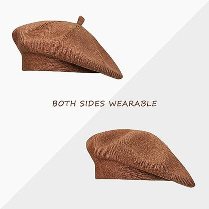Gllutt Beret Hat French Style Stretchy Knitting Solid Color Both Side Usable - color: Terracotta