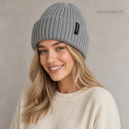Winter Hats for Women Men Fleece Lined Ribbed Knit Beanie - color: Grey