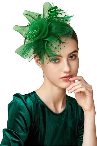 BABEYOND Fascinators Hats for Women Tea Party Flower Tulle Bead Derby Hat - color: Dark Green