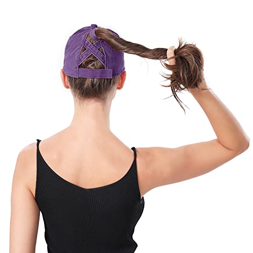 Criss Cross Ponytail Hat Women Washed Distressed Baseball Caps Adjustable High Messy Bun Ponycap - color: B - Denim Purple