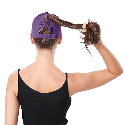 Criss Cross Ponytail Hat Women Washed Distressed Baseball Caps Adjustable High Messy Bun Ponycap - color: B - Denim Purple