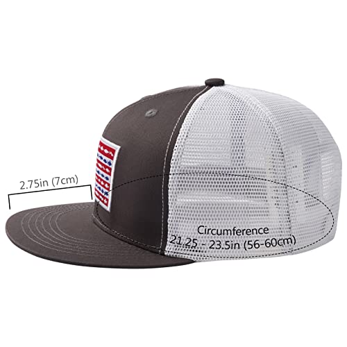 BASSDASH Flat Brim Trucker Cap Adjustable Snapback Hat Mesh Back for Men Women - color: Charcoal Grey/Fish Flag