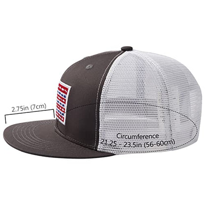 BASSDASH Flat Brim Trucker Cap Adjustable Snapback Hat Mesh Back for Men Women - color: Charcoal Grey/Fish Flag