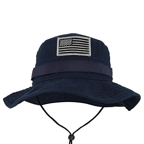Armycrew Military American Flag Hook and Loop Patch Boonie Cap with Chin Strap - color: Navy