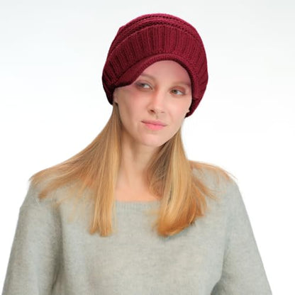 C.C Trendy Warm Oversized Chunky Soft Oversized Ribbed Slouchy Knit Hat with Visor Brim - color: Burgundy