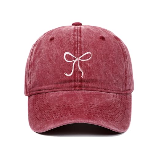 Bow-Tie Baseball Cap for Women Vintage Washed Cotton Adjustable Distressed Embroidered Dad Hat - color: Wine Red