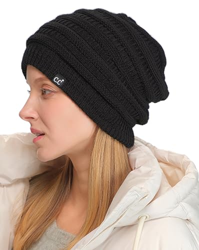 C.C Beanie Oversized Hat with Fuzzy Lining – Thick Knit Thermal Beanie for Cold Weather, Soft Warm Fleece Lined Cap - color: Black