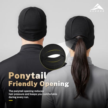 GXCROR Winter Running Beanie, Fleece Lined Skull Cap with Ponytail Opening - color: Black, size: Large