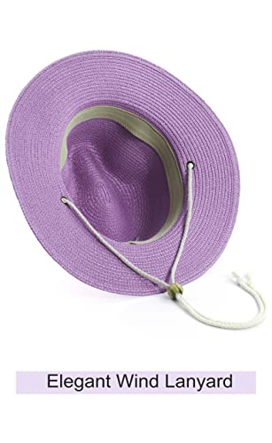 Women Straw Fedora Hat Summer Panama Beach Sun Hats UV UPF50+ Cap - color: Purple