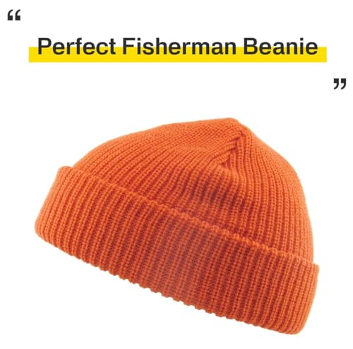 Fisherman Short Beanie Leon Roll up Trawler Classic Skullcap Hipster Beanie Warm Winter Hats Acrylic Ribbed Knit Cuff Daily - color: Pumpkin