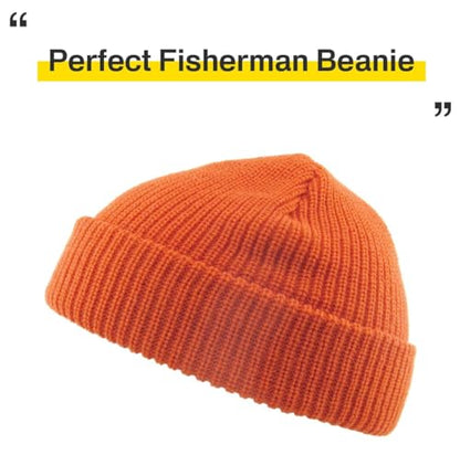 Fisherman Short Beanie Leon Roll up Trawler Classic Skullcap Hipster Beanie Warm Winter Hats Acrylic Ribbed Knit Cuff Daily - color: Pumpkin