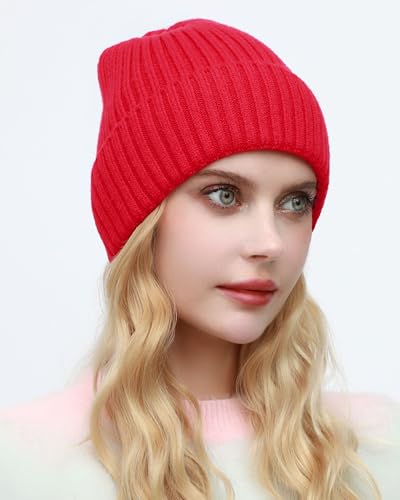 ROYBENS Womens Satin Lined Beanie for Men Wool Knit Cuffed Warm Winter Hats - color: 1pcs-red
